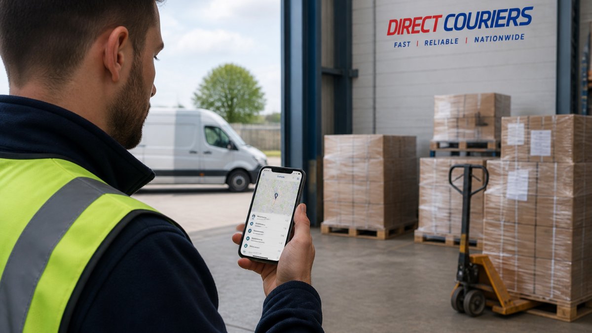 Professional logistics worker holding smartphone displaying real-time pallet tracking portal with delivery map, consignment status, and location pins visible on screen, with delivery warehouse and palletized goods visible in background