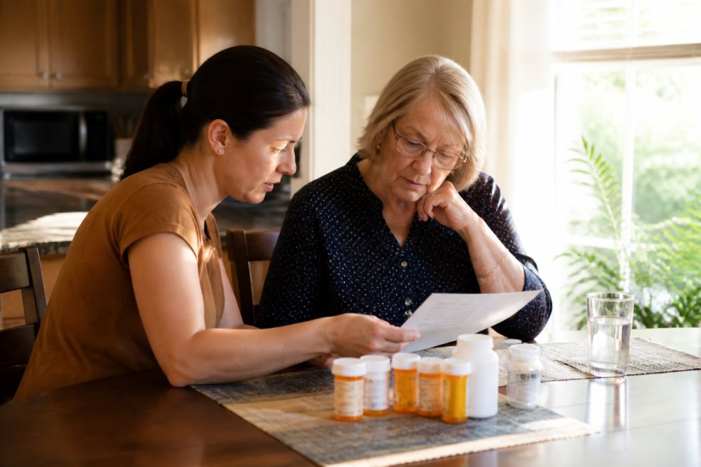 Adult child sitting at a kitchen table with elderly parent, reviewing a printed medication chart and pill bottles, sunlight streaming through window