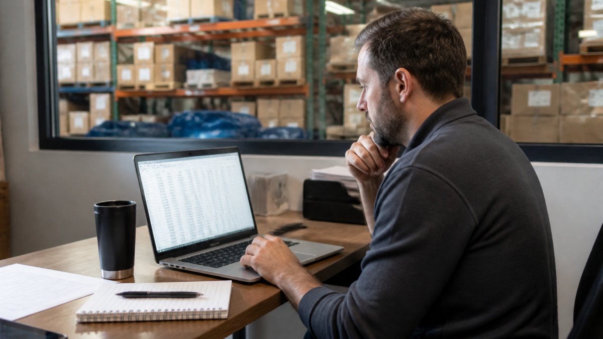 An operations manager at a desk reviewing a spreadsheet with SKU-level profit data on a laptop, warehouse shelves visible through a window behind them