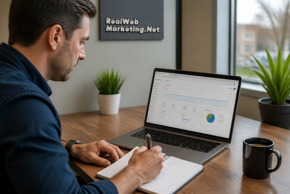 Marketing professional reviewing PPC conversions data on a laptop and taking notes at a desk