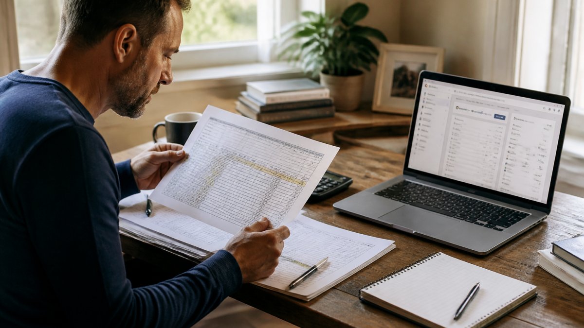 A real estate investor at a wooden desk reviewing a printed spreadsheet with a laptop open to property management software, calculator and coffee mug nearby, warm home office lighting