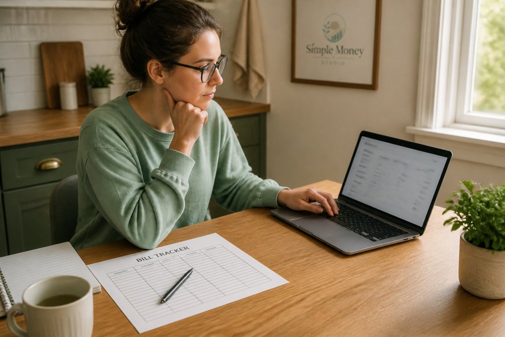 A person sitting at a kitchen table with a printed bill tracker, a pen, and a laptop showing a banking app, comparing both options side by side in soft morning light