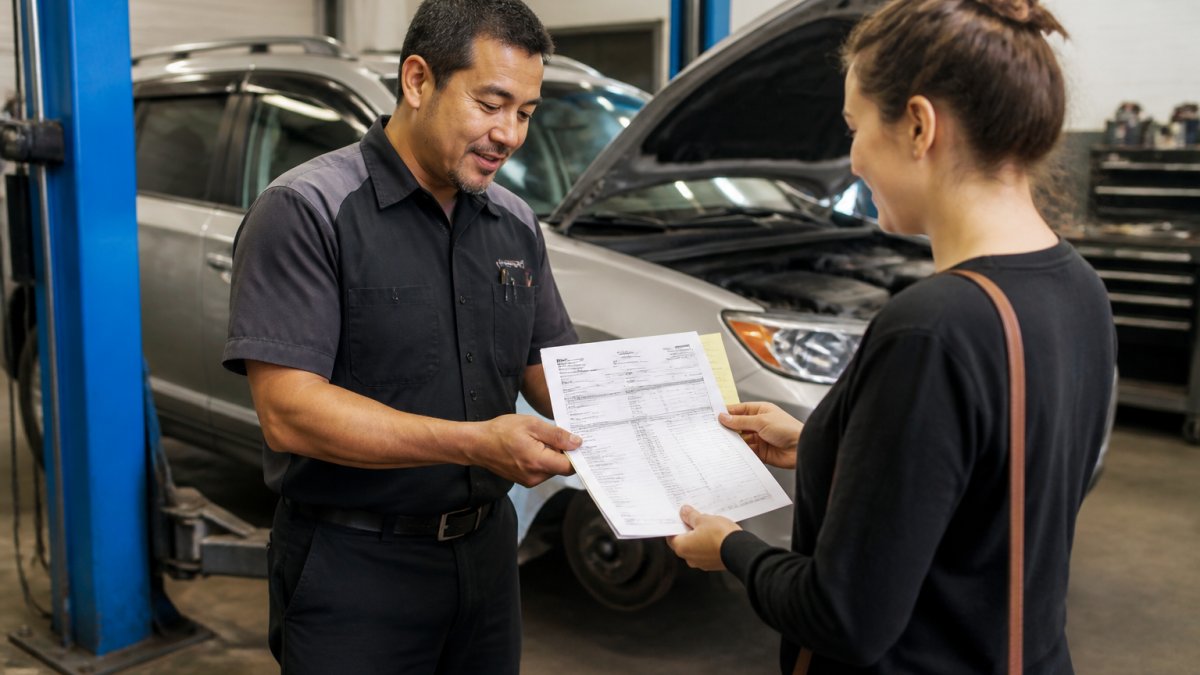 Professional mechanic holding a service invoice and maintenance record next to a vehicle in a repair shop, showing documentation being handed to a customer