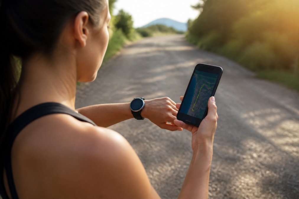 Runner wearing a GPS watch and holding a smartphone displaying a running app with distance metrics and map during an outdoor run on a sunny morning