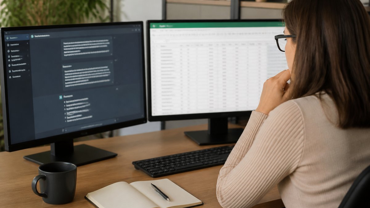 Marketing manager tracking brand mentions in AI search tools via ChatGPT and a spreadsheet analysis process