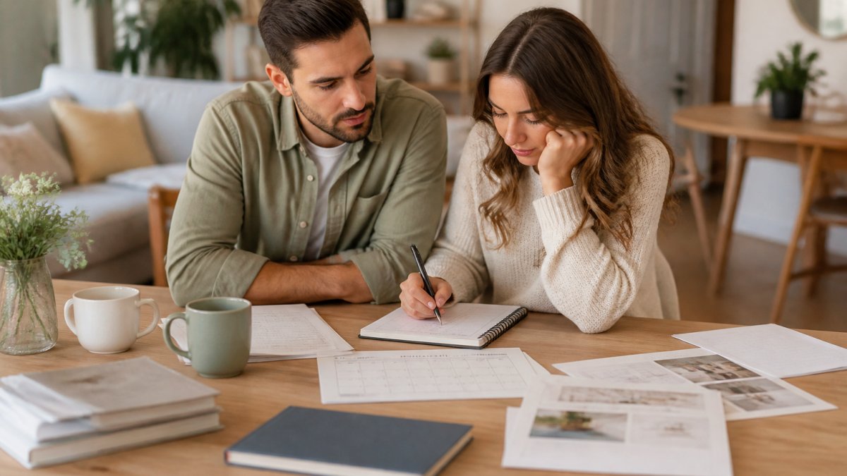 Engaged couple sitting at a desk together, reviewing guest list information on a laptop and notepad, with wedding planning materials and coffee cups nearby