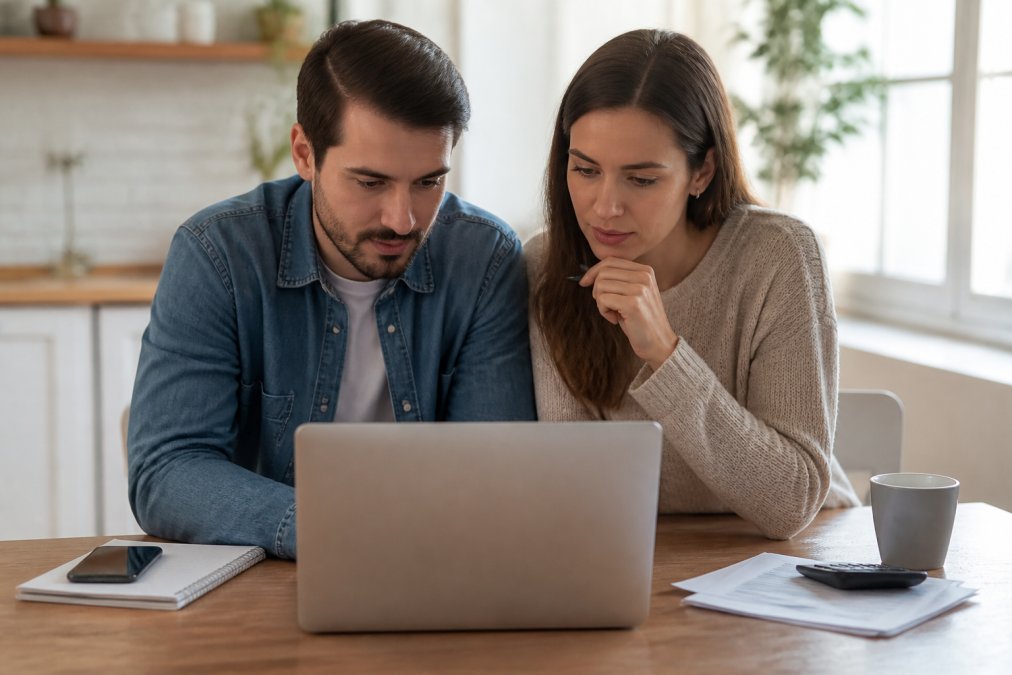 Engaged couple using a laptop to track wedding savings on a shared budget spreadsheet together