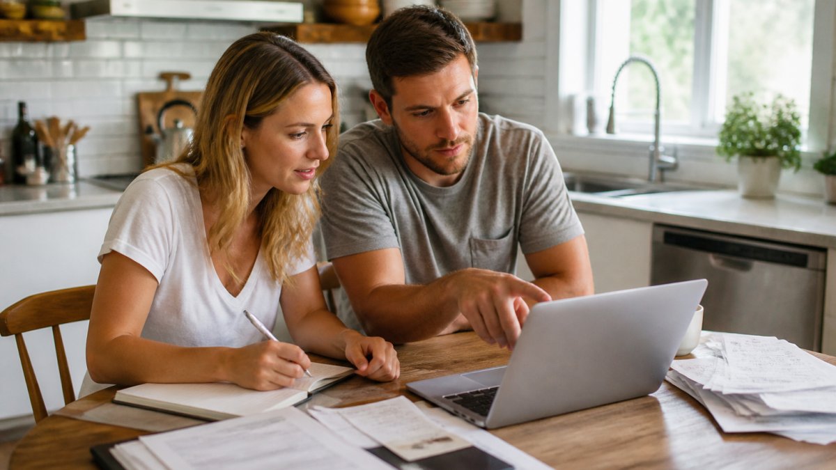 A couple sitting at a kitchen table with a laptop open to a budget dashboard, printed contracts and receipts stacked nearby, one partner pointing at the screen while the other takes notes