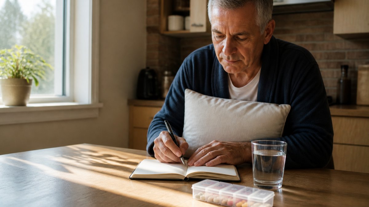 Infographic illustrating a heart surgery recovery journal routine with a patient resting at a kitchen table.