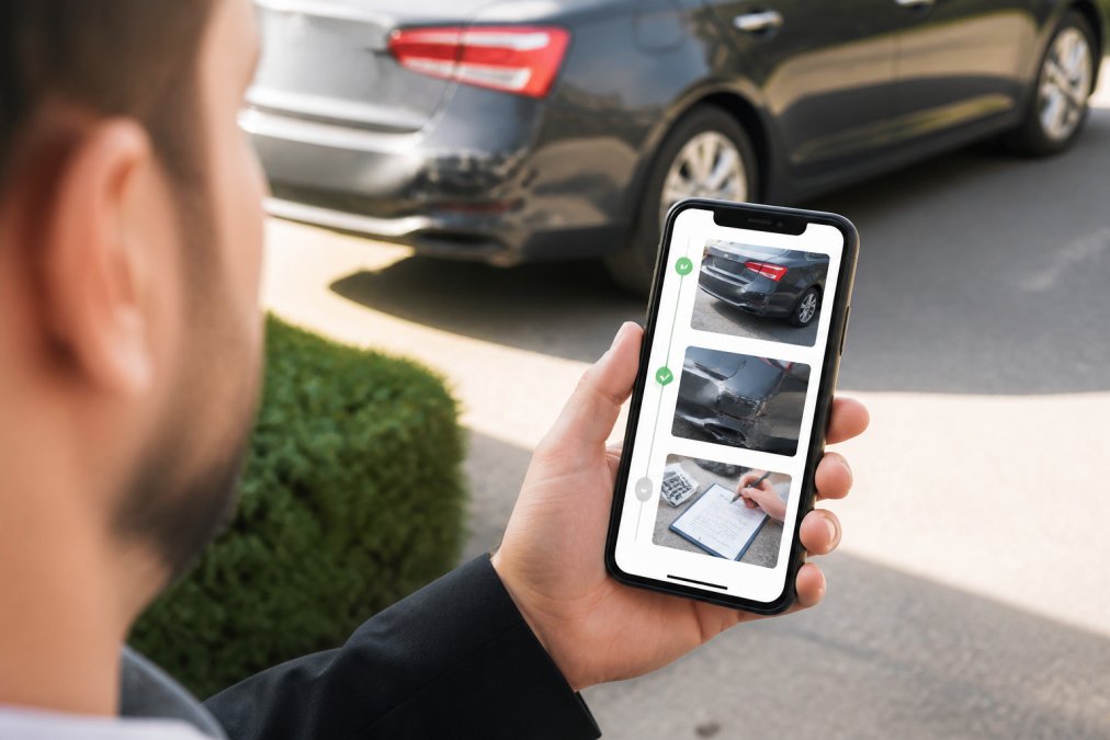Person holding smartphone displaying insurance claims app dashboard with claim status information, repair photos, and payment details visible on screen in natural daylight