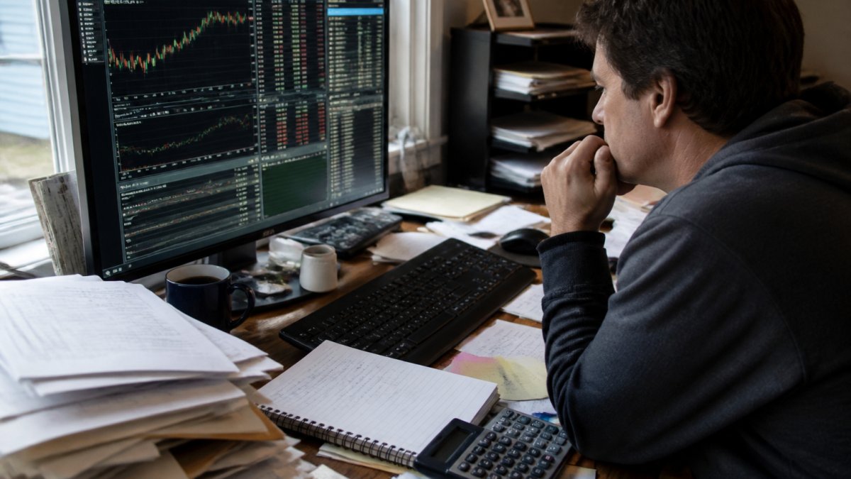 Investor reviewing stock charts and trade earnings reports at a desk with a calculator and trading plan notes