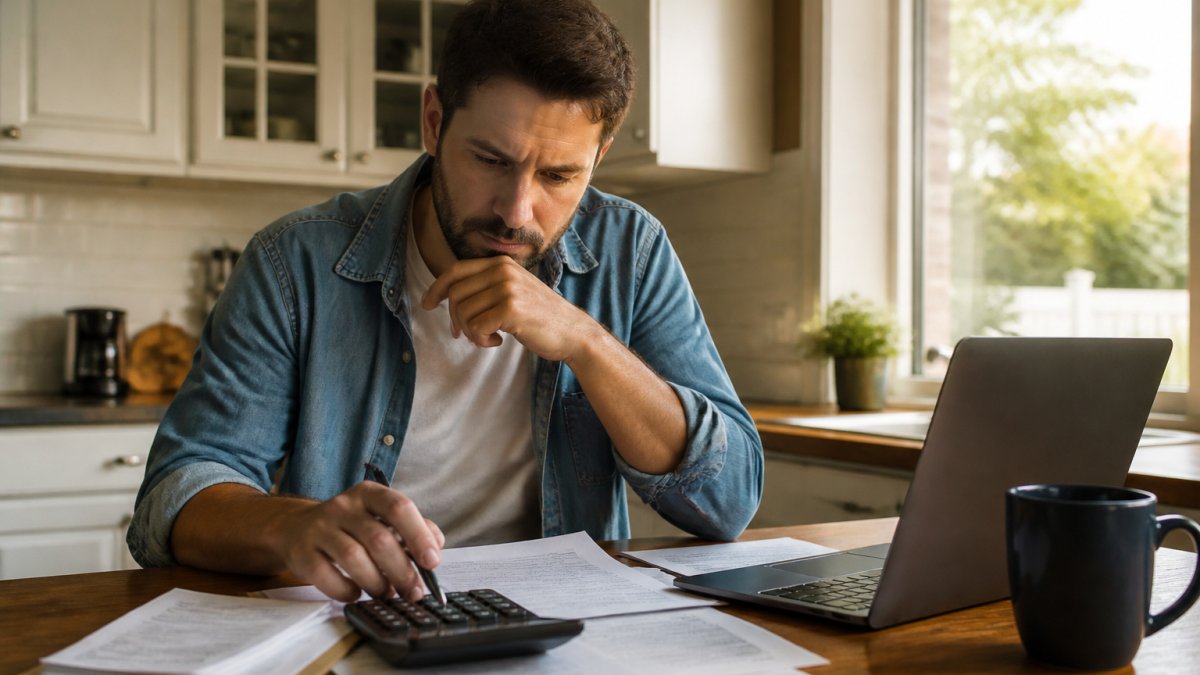 A person sitting at a kitchen table with a laptop, calculator, and car loan documents, reviewing numbers with a concerned but focused expression, warm afternoon light through a window