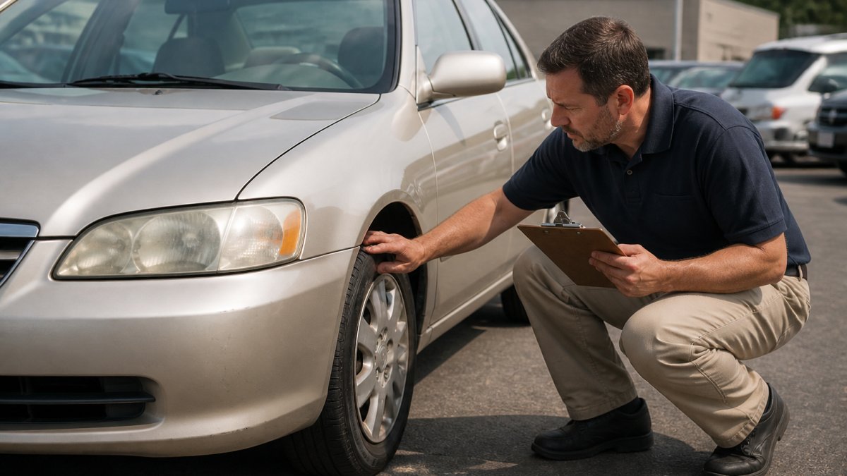 Professional automotive appraiser inspecting older sedan's condition, checking tires and body panels in bright dealership lot with natural daylight