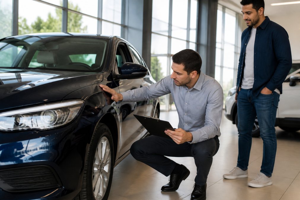 Dealership appraiser inspecting a sedan to help you trade in your car