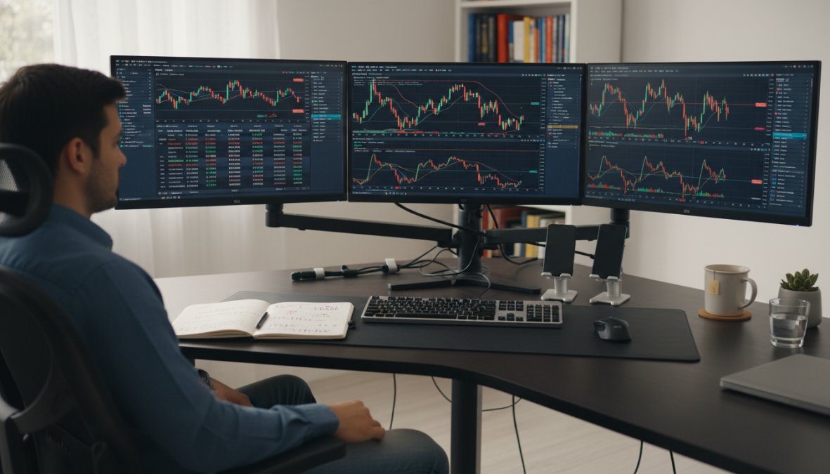 A focused trader sitting at a triple-monitor desktop setup displaying MT5 trading charts across all screens, with a clean organized desk, warm professional lighting, and a physical trading journal open beside a mechanical keyboard