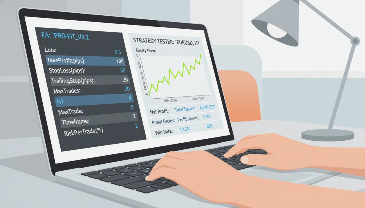 Close-up of hands typing on a laptop showing MT5 Expert Advisor settings and strategy tester results on screen, in a home trading office with a second monitor visible in the background showing live charts