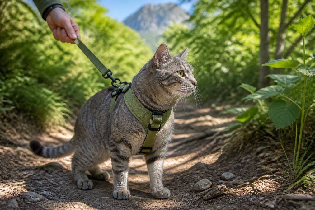 A cat wearing an H-style harness on a hiking trail as you train a cat to walk safely on a leash.