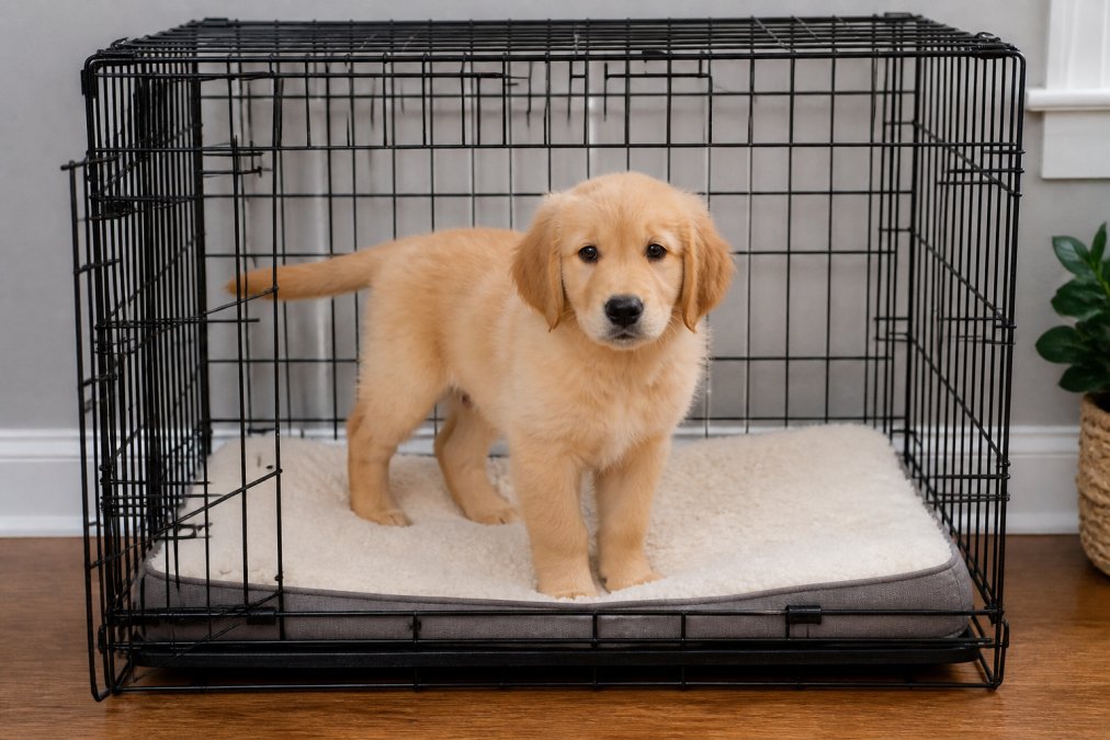 A golden retriever puppy standing inside a wire crate with adequate headroom, able to turn around completely with soft bedding visible