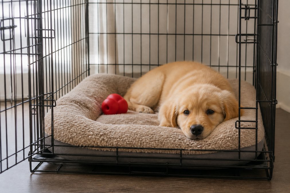 A cozy wire crate interior with a plush orthopedic bed, a durable Kong chew toy, and a calm puppy resting peacefully with soft natural light filtering through