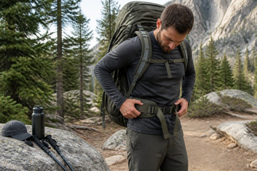 Hiker adjusting the straps of a weighted pack for a multi-day expedition training session on a trailside rock