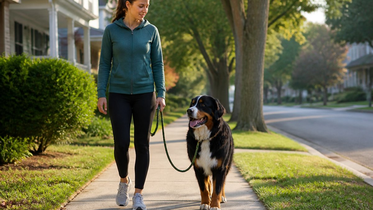A person walking a large dog on a loose leash down a quiet suburban sidewalk, dog relaxed at the handler's side with visible slack in the leash, soft morning light, trees and houses in the background