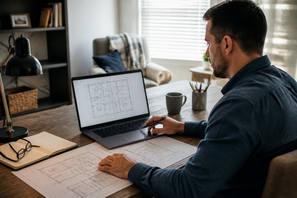 A professional estimator working on a laptop with takeoff software open, digital blueprints visible on the screen, in a bright home office setting