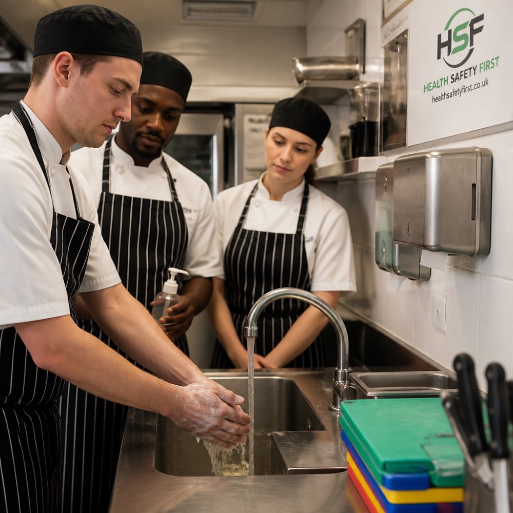 Professional demonstrating proper hand washing and sanitising techniques at a restaurant sink, with clean utensils and cutting boards visible in the background