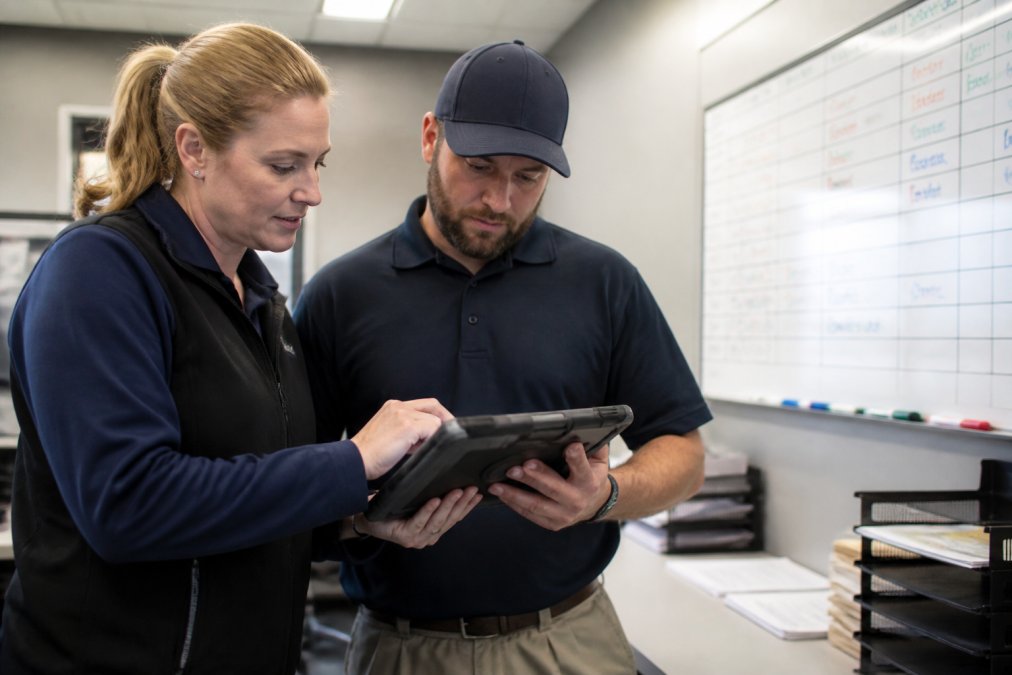 Dispatcher and field crew member reviewing work orders together on a tablet in the office, with a whiteboard showing dispatch assignments in the background