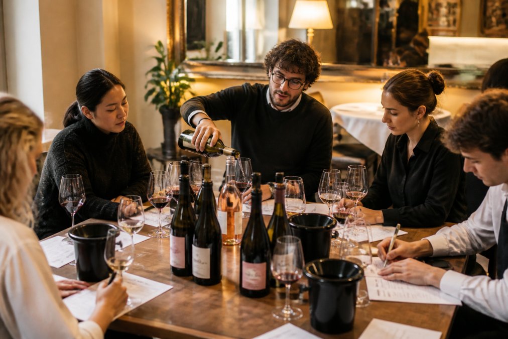 A small group of restaurant staff gathered around a table with several open wine bottles and tasting glasses, one person pouring a small sample while others take notes on tasting sheets, warm lighting in a dining room setting