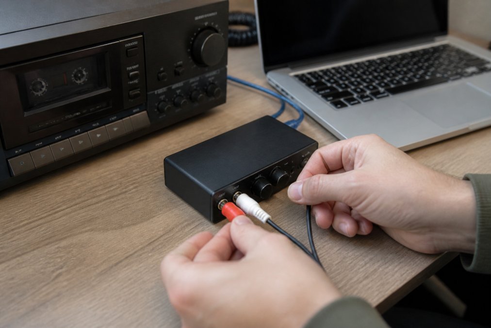 Close-up of hands connecting a red and white RCA cable from a cassette deck into a USB audio interface on a desk next to an open laptop