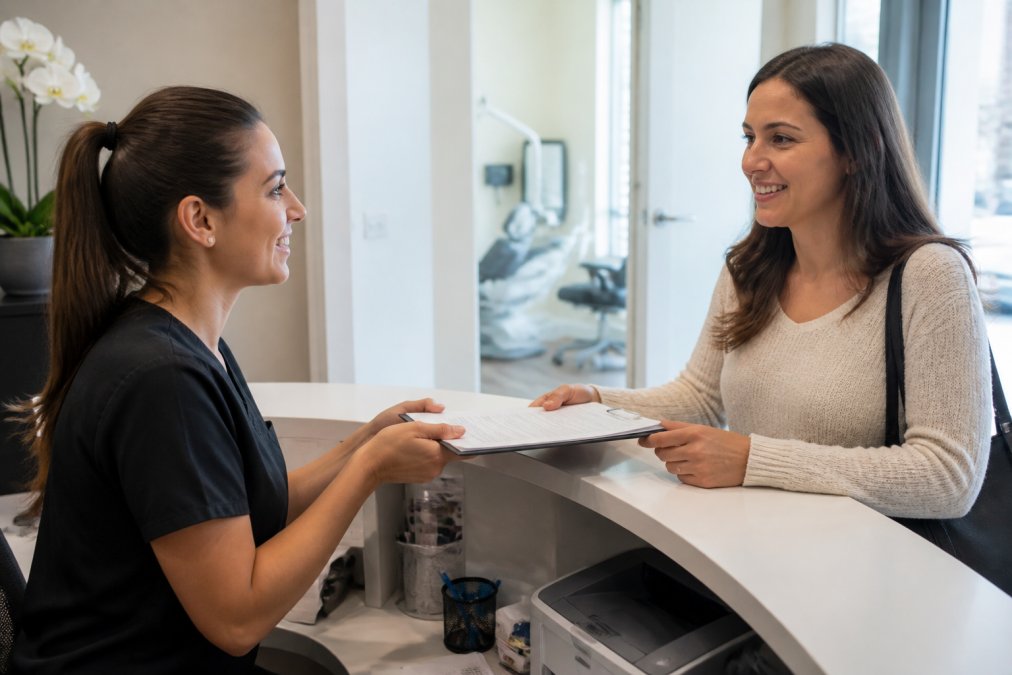 Patient sitting at dental reception desk speaking with administrative staff member, handing over paperwork and discussing record transfer options in a modern, welcoming clinic environment with natural lighting