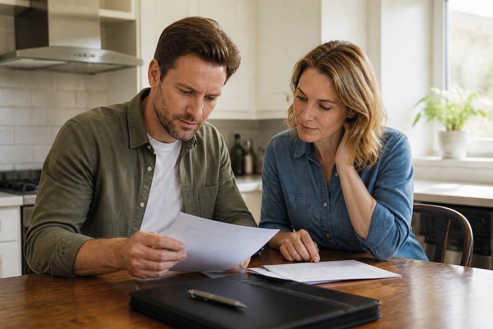 A married couple sitting at a kitchen table reviewing legal property documents together, with a solicitor's folder and pen visible, natural daylight from a window