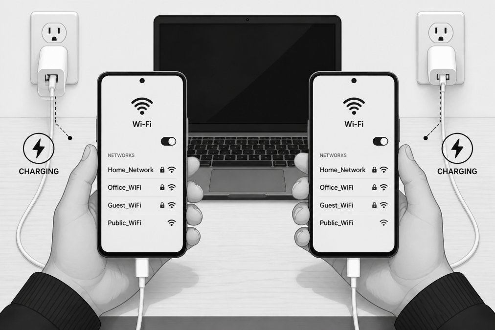 Close-up of hands holding two smartphones side by side, showing charging cables connected to power outlets and Wi-Fi network names visible on screens, with a laptop in the background on a wooden desk