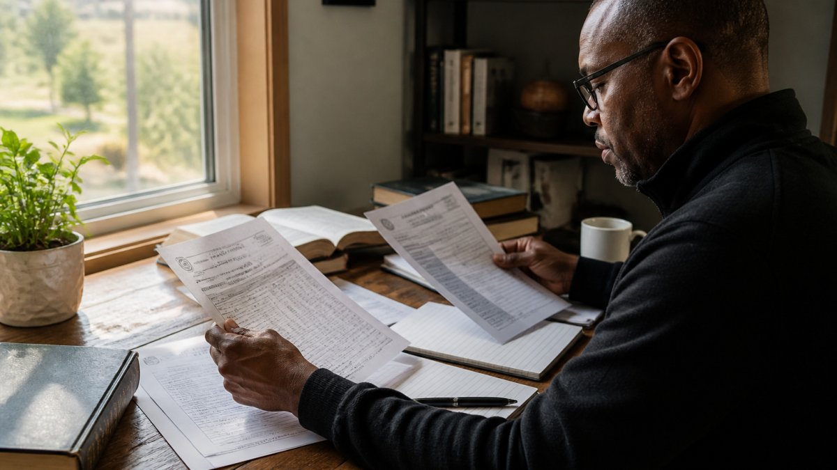 Ministry leader at wooden desk reviewing official transcripts, course syllabi, and degree plan documents on laptop screen, with morning light from window