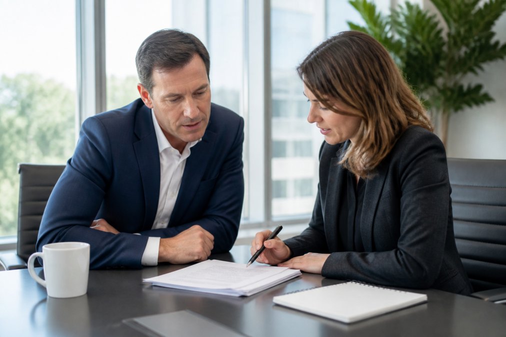 A financial advisor reviewing transition documents with legal counsel at a modern conference table, laptop and notepad visible, natural window light