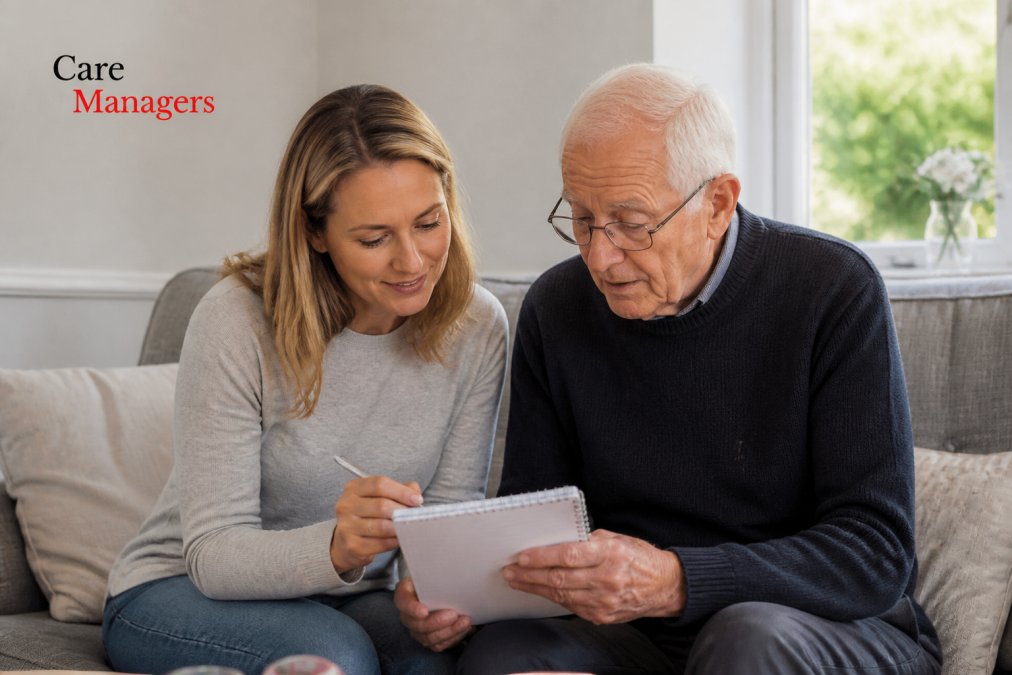 An adult daughter sitting beside her elderly father on a comfortable sofa in a bright living room, both looking at a notepad together, warm natural light, calm and respectful atmosphere