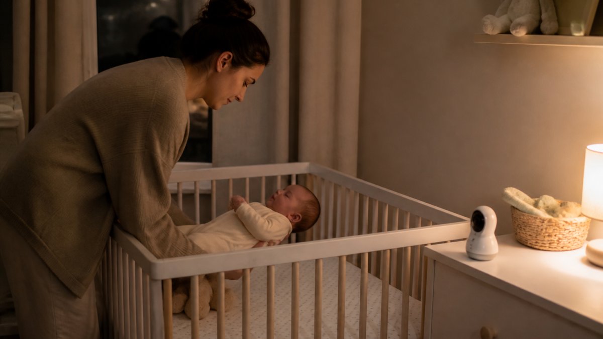 A parent gently placing a drowsy baby into a crib in a softly lit nursery, with a video monitor on the dresser nearby and a calm, neutral-toned room