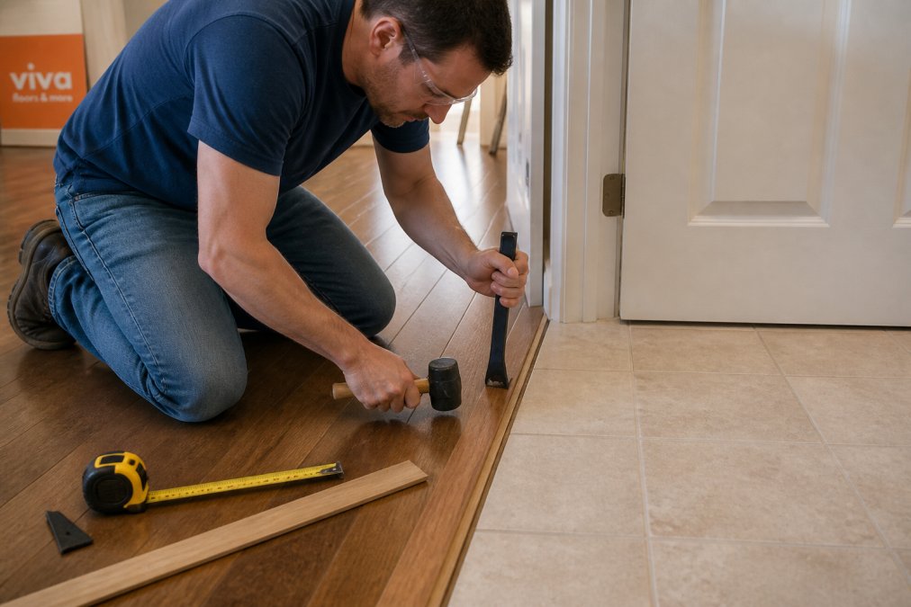 Homeowner using a pry bar and hammer to install a T-molding strip, showing how to transition between different floors