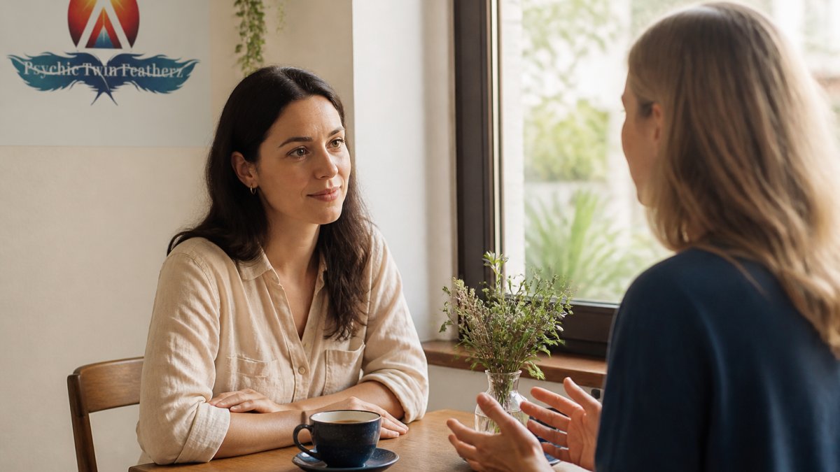 How to Transition Between Spiritual Mentors 1 Two women sitting across from each other at a small wooden table near a window, one listening with an open, calm expression while the other speaks, warm natural light, cups of tea on the table, soft neutral tones