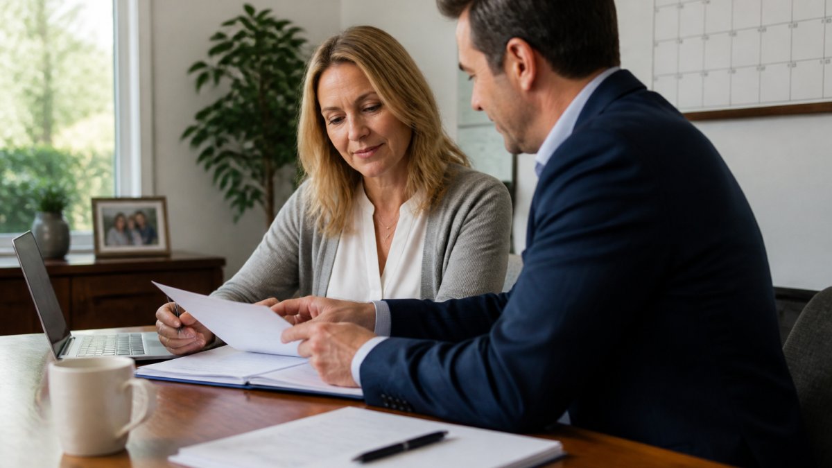 A financial advisor and a client reviewing documents together at a bright wooden table, with a laptop and a wall calendar visible, both looking calm and engaged
