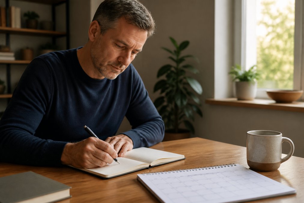 A professional in their 40s writing goals in a notebook at a home desk, a calendar and coffee mug nearby, warm natural light from a window