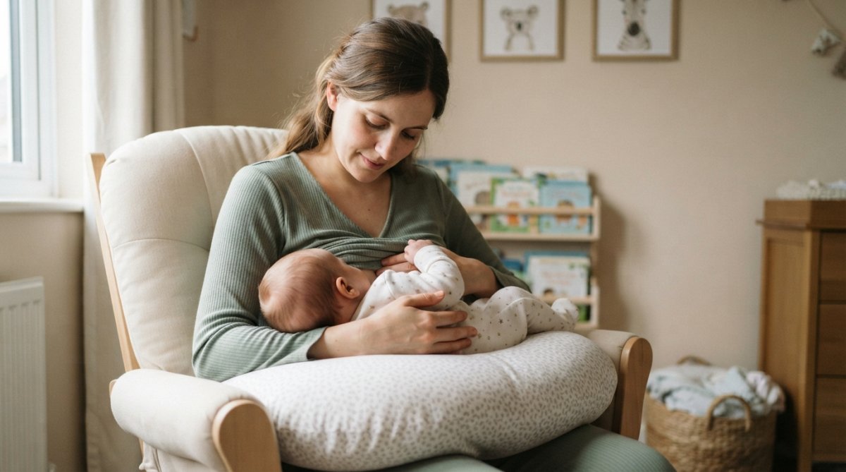 A mother sitting comfortably in a nursery chair, using a V-shaped nursing pillow to support her baby in a cross-cradle breastfeeding position, soft natural light, calm and warm atmosphere