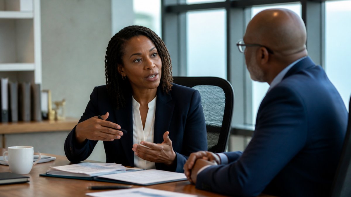 Professional director and senior executive in modern office having strategic career conversation, with natural window lighting, sitting at a conference table with documents
