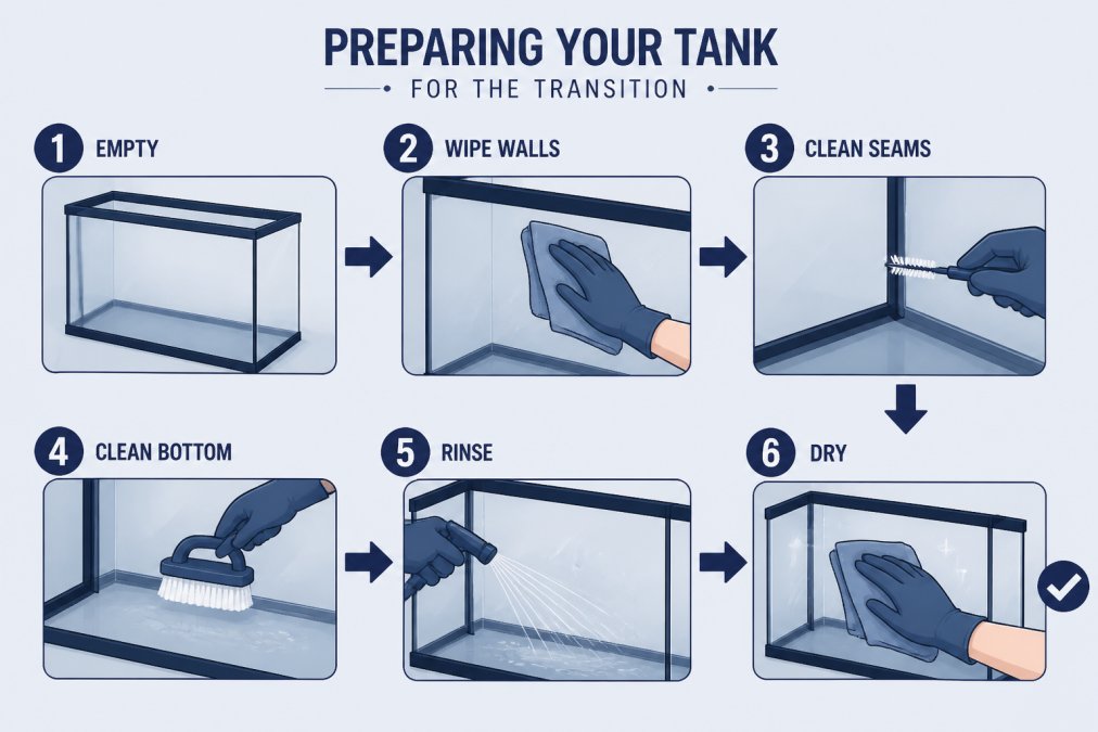 Step-by-step infographic showing the process of cleaning an empty aquarium tank before starting a saltwater setup