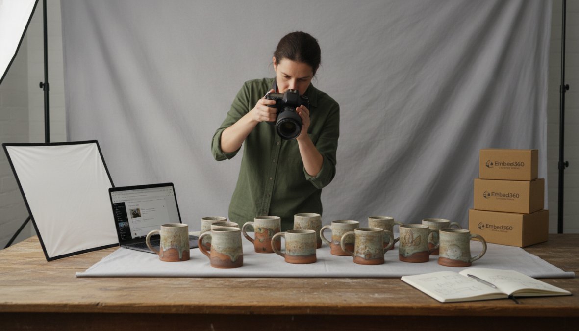Maker photographing handmade products against a neutral background with professional lighting setup, showing proper composition and staging for a product portfolio