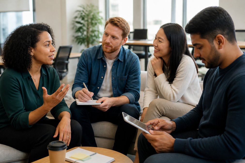 Diverse team of four professionals in a modern office setting, each displaying different communication styles, one speaking confidently to the group, one engaging warmly with a colleague, one listening attentively while taking notes, and one reviewing detailed data on a tablet with focused concentration