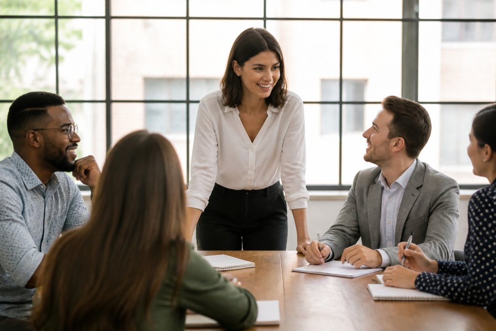 A new manager leading a team meeting at a conference table, with former peers engaged and taking notes, showing collaborative yet respectful authority, with natural office lighting through windows