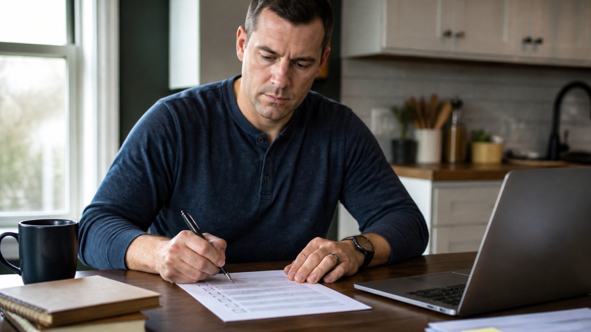 A veteran in civilian clothes sitting at a kitchen table with a printed checklist, pen, and laptop, reviewing next steps with a calm and focused expression
