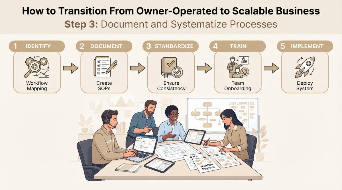 A diverse team of home services professionals including a dispatcher, estimator, and office manager collaborating around a table with laptops and printed process documents, discussing workflow improvements in a bright office setting