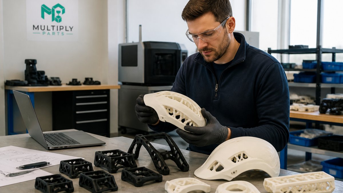 How to Transition from Prototype to Production 2 A manufacturing engineer in safety glasses inspecting freshly 3D-printed sports equipment components on a production table in a clean workshop, with a laptop showing CAD files nearby